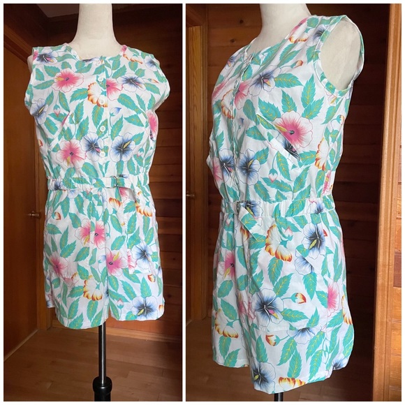 Vintage 70s 80s  Andrew St John Multi-color Floral Romper Playsuit Jumper, Large - Picture 2 of 5